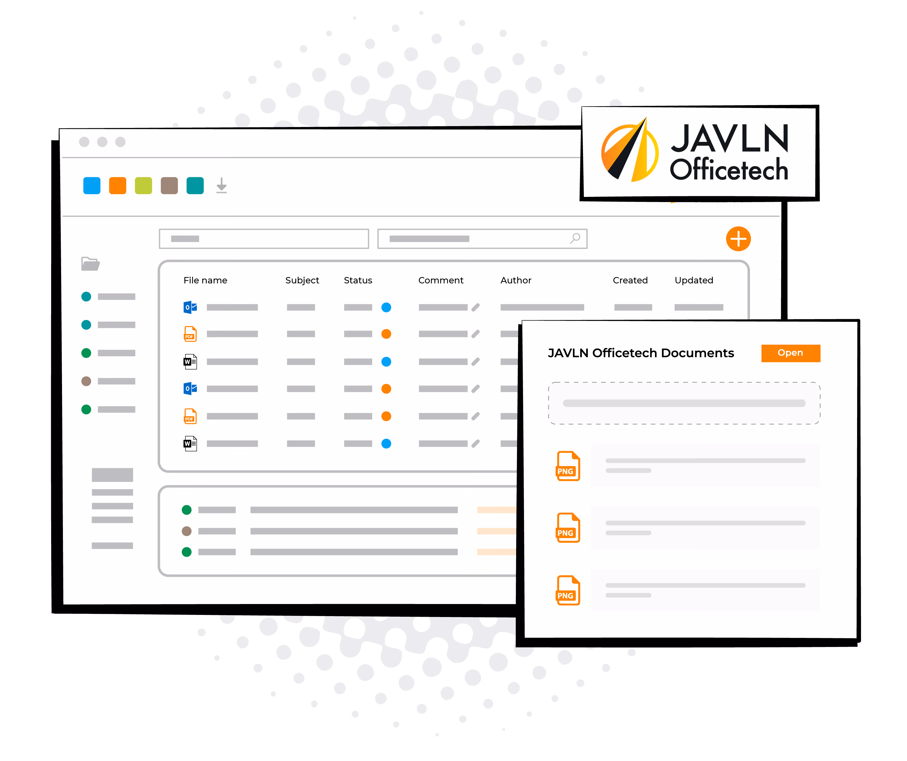 JAVLN Officetech interface mockup showing a document list and a documents panel