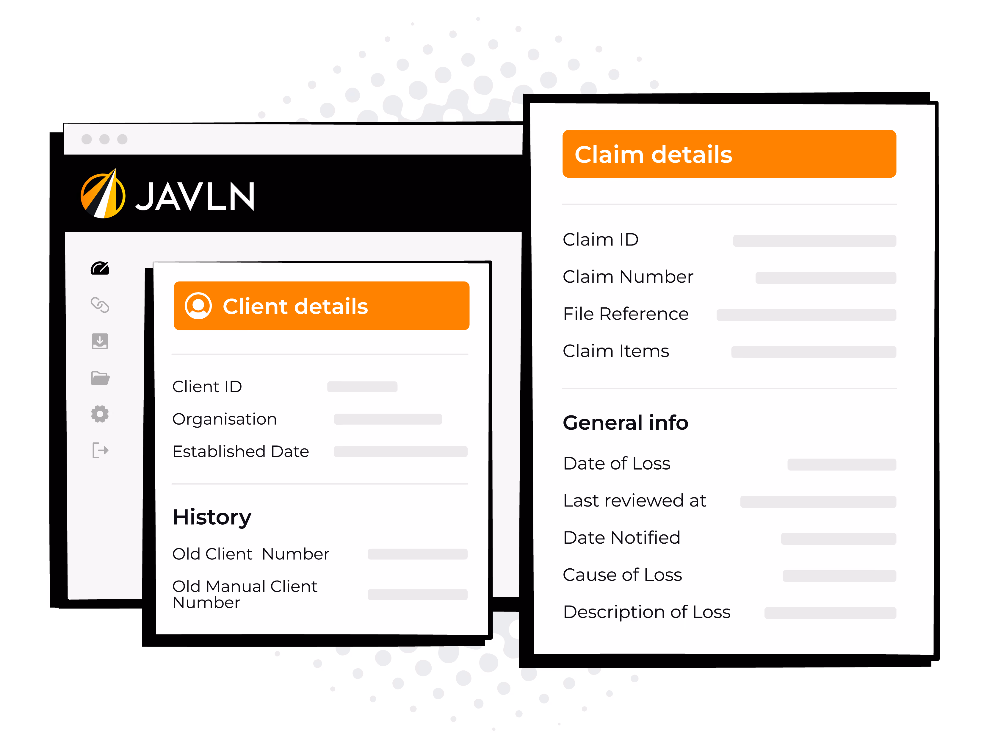 JAVLN Platform interface mockup showing client details and claim details panels