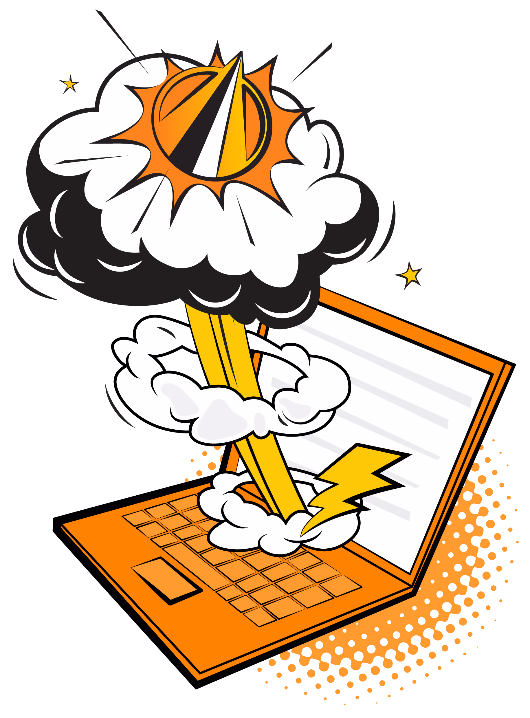 Pop art illustration of the JAVLN logo bursting from a laptop with smoke and a lightning bolt