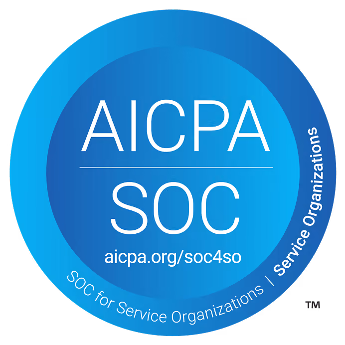 Blue circular AICPA SOC badge with text 'SOC for Service Organizations' and URL aicpa.org/soc4so.