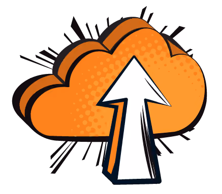 Pop art icon of an orange cloud with an arrow pointing up