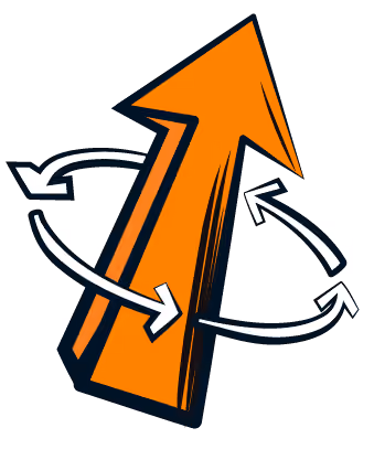 Pop art icon of an orange up arrow with three arrows circling it