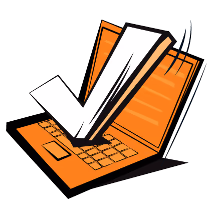 Pop art icon of an orange laptop with a white tick on the screen