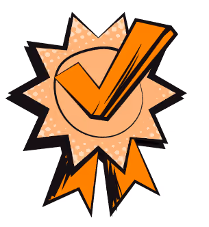 Pop art icon of an orange award ribbon with a tick