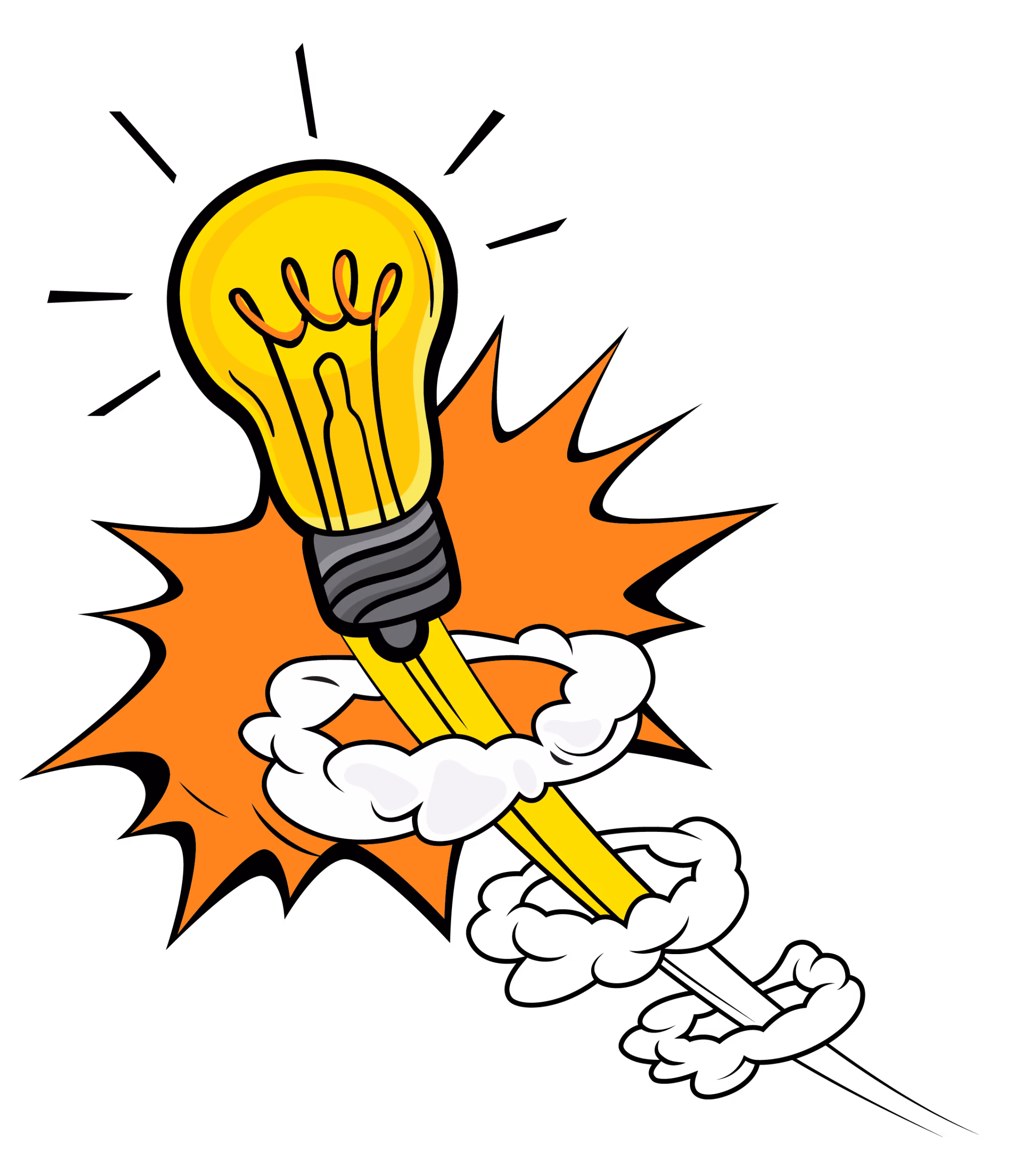 Yellow lightbulb with a glowing filament blasting upward with orange burst and white smoke.