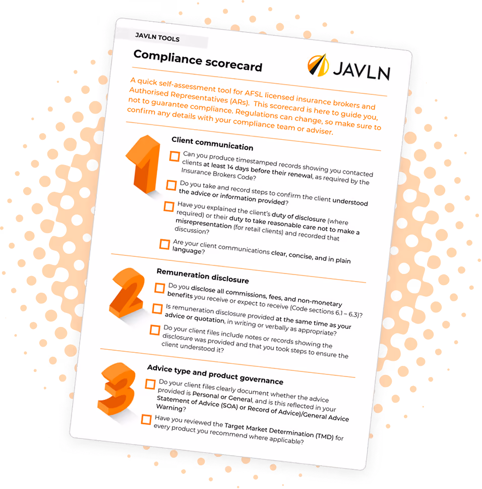 JAVLN compliance scorecard with checklist on client communication, remuneration disclosure, and advice governance.