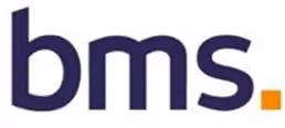 Lowercase letters b, m, and s in dark blue with an orange period at the end.