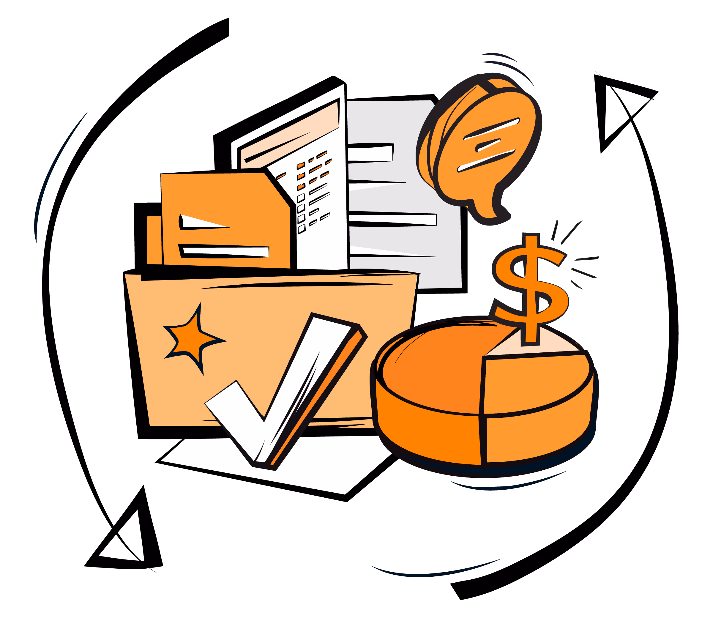 Pop art illustration of a document folder with a tick, a speech bubble and a dollar sign on a coin