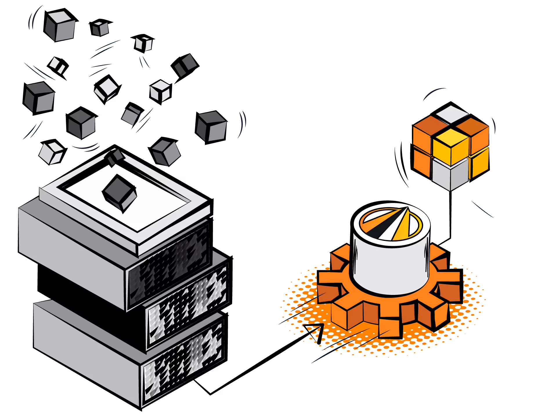Pop art illustration of data cubes moving from a stacked server into an orange cog and data cylinder