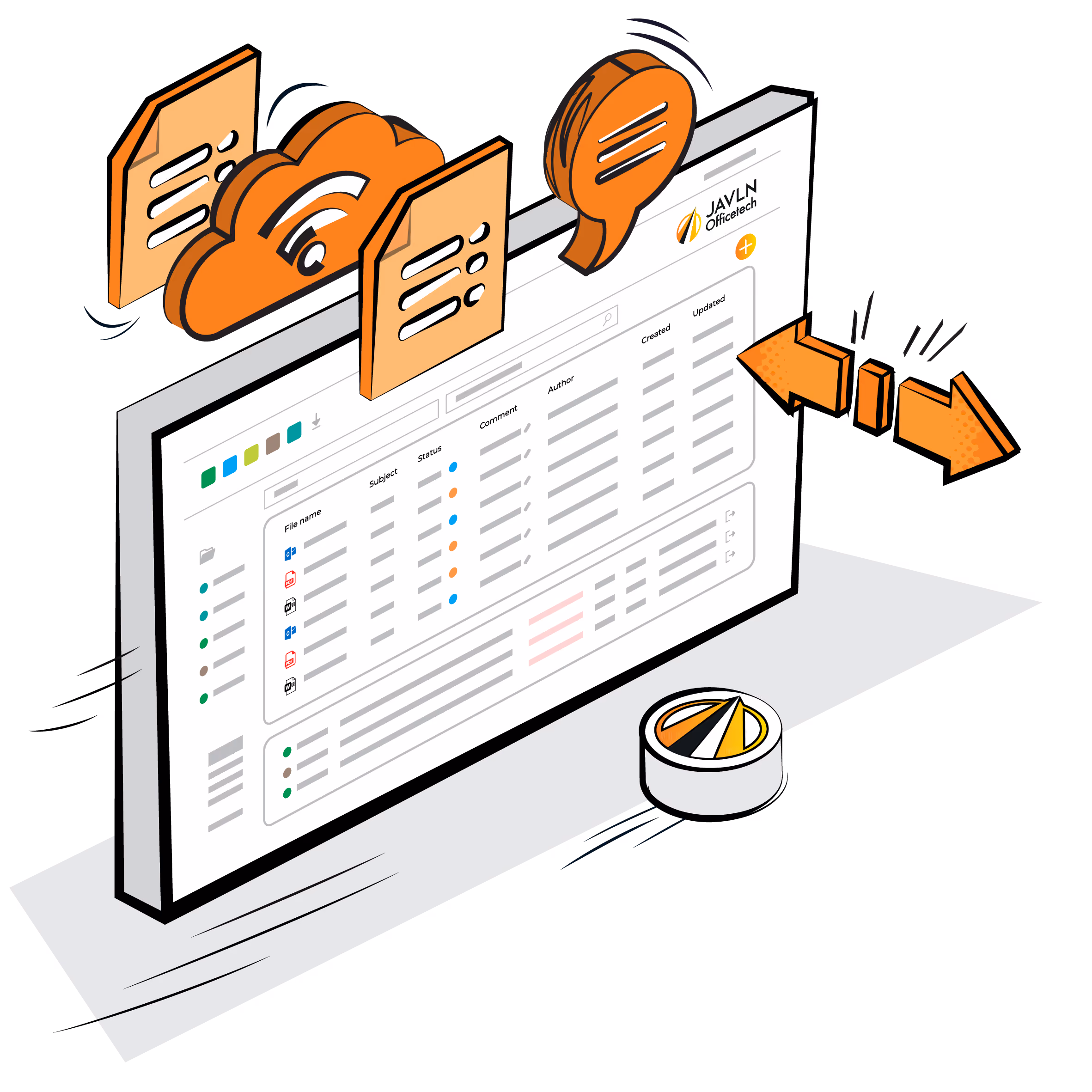 Pop art illustration of a monitor showing a JAVLN Officetech document list with cloud and document icons