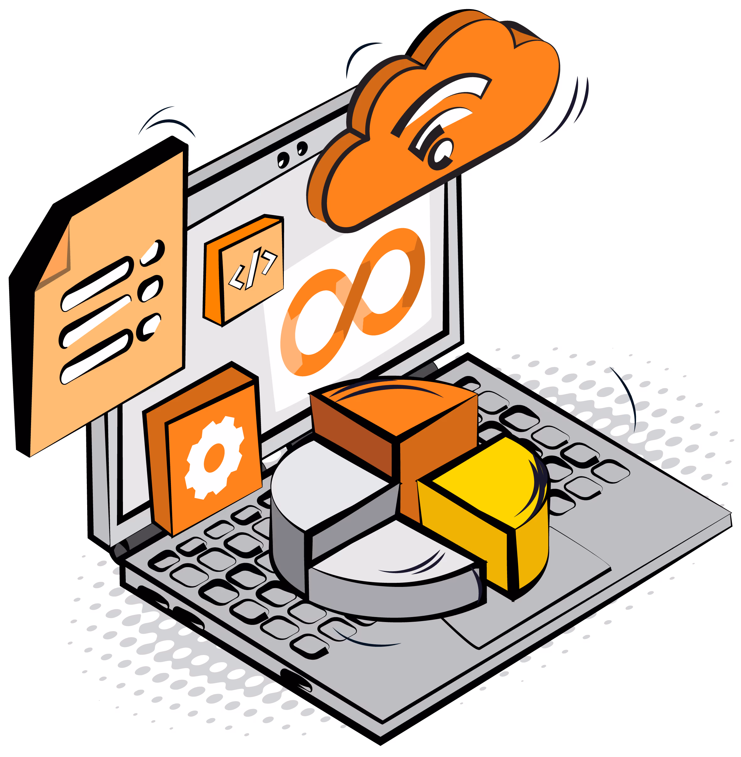 Pop art illustration of a laptop with a pie chart, cog, cloud and document icons