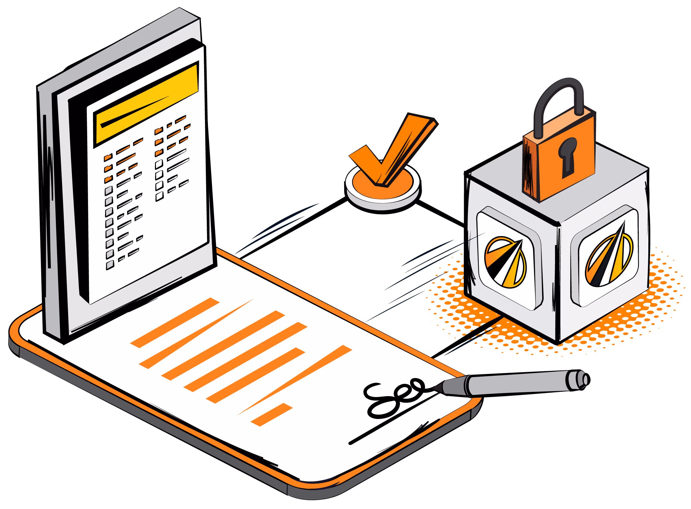 Pop art illustration of a document being signed with a pen beside a checklist, a tick and a padlocked box