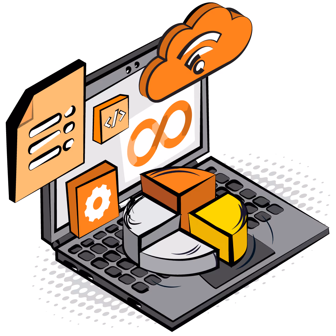Pop art illustration of a laptop with a pie chart, cog, cloud and document icons
