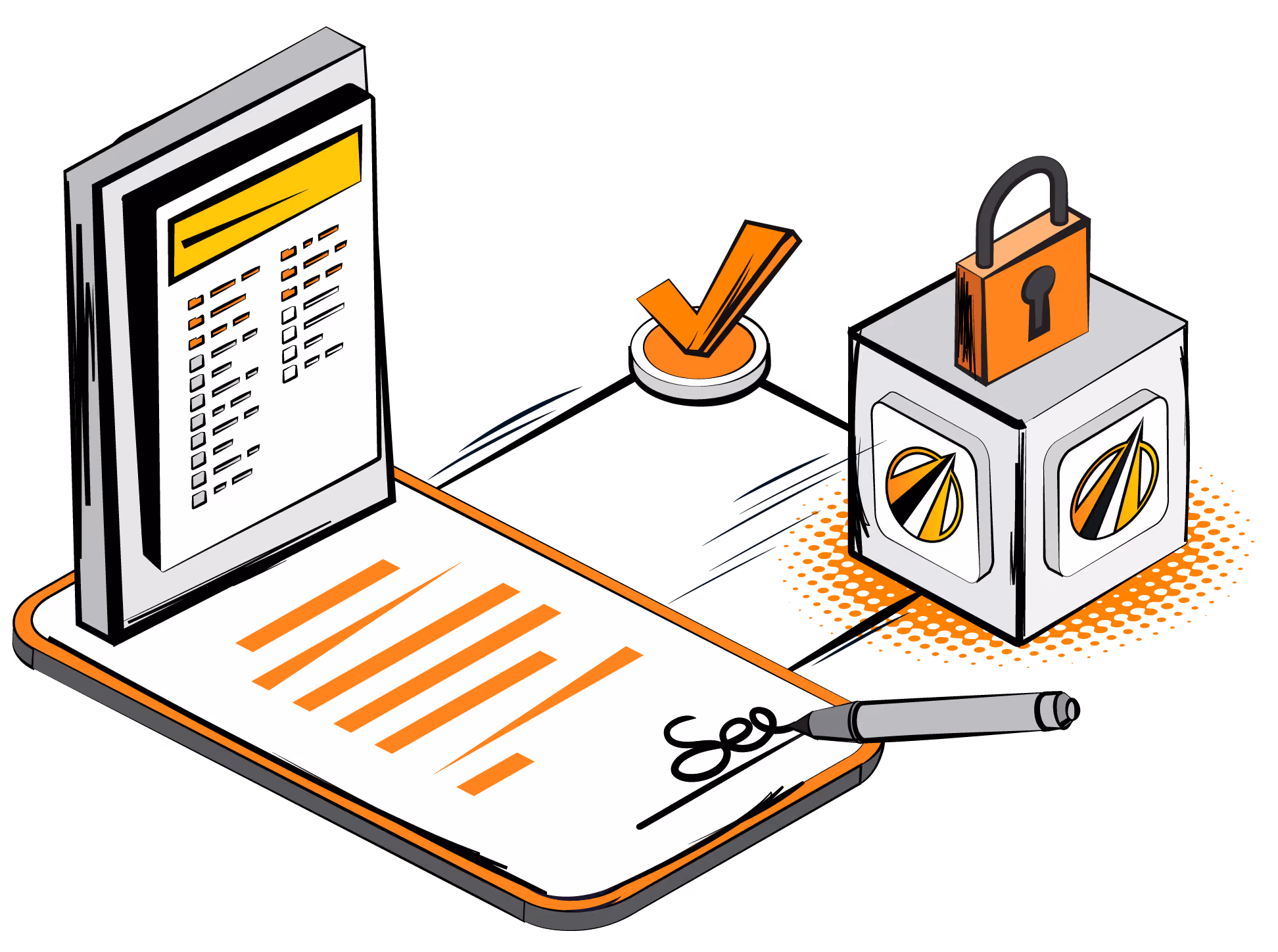 Pop art illustration of a document being signed with a pen beside a checklist, a tick and a padlocked box