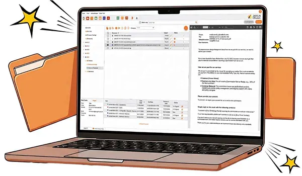 Illustration of an open laptop displaying file management software with folders and a document preview.