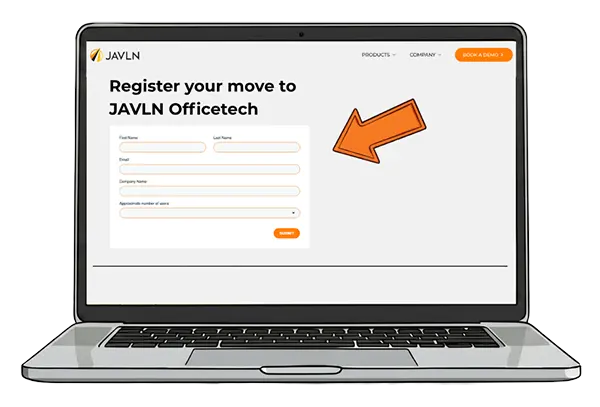 Laptop screen showing a form titled 'Register your move to JAVLN Officetech' with an orange arrow pointing at it.