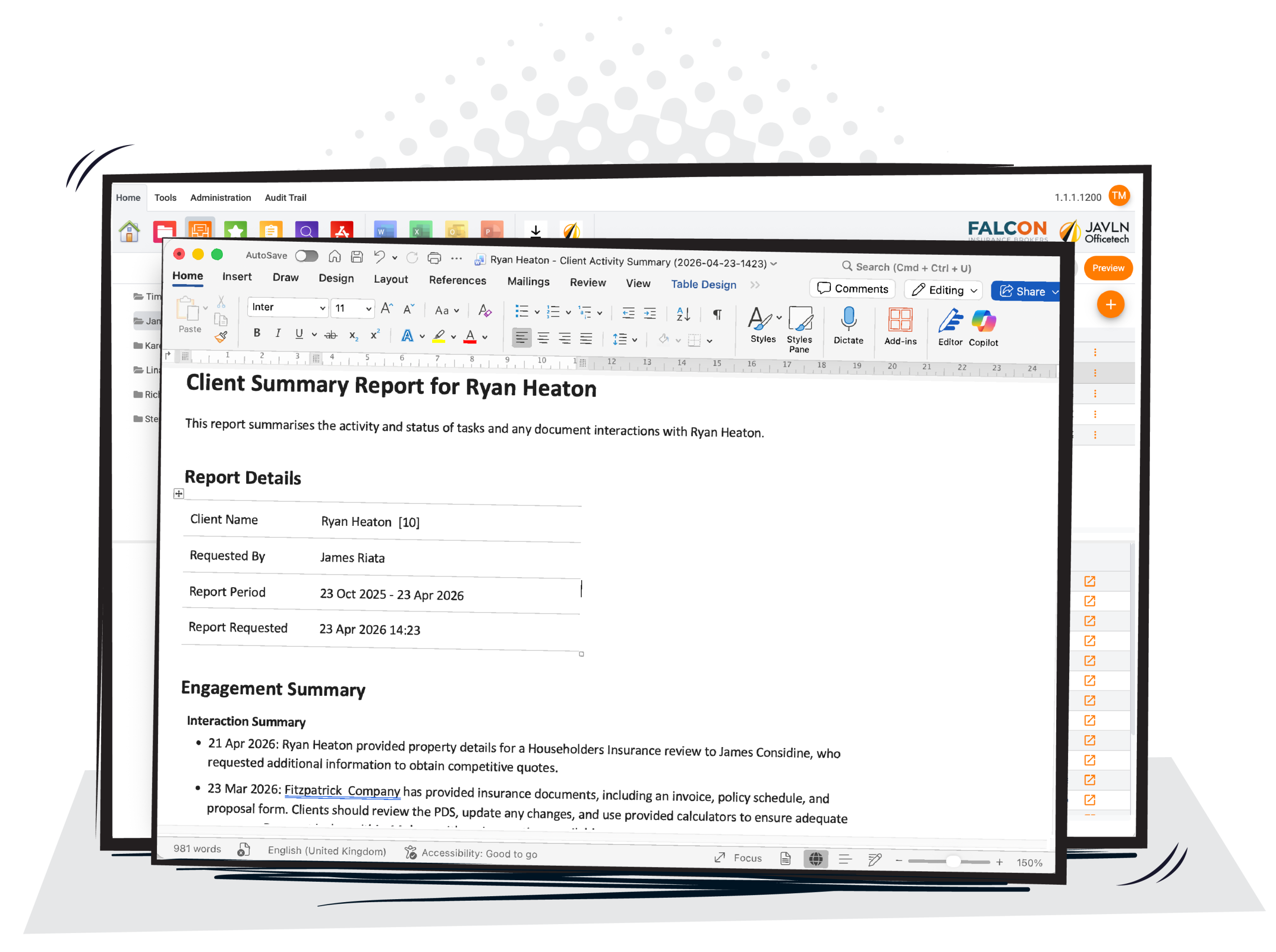 JAVLN Officetech client summary report open in a document editor on screen