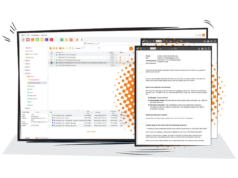 JAVLN Officetech client activity summary on a monitor showing an email list and an open client email