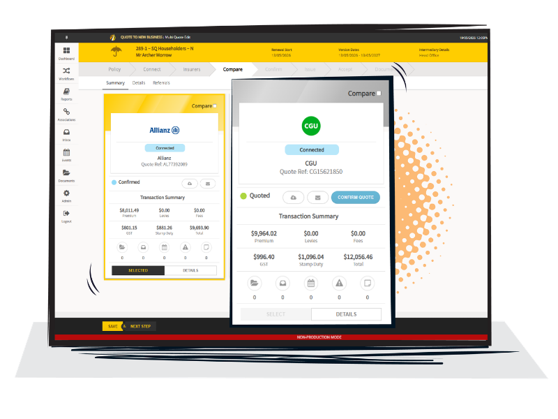 JAVLN Platform multi quote screen on a laptop comparing Allianz and CGU insurer quotes
