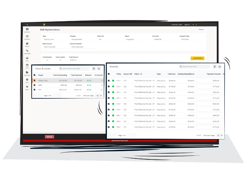 JAVLN Platform bulk payment extract screen on a laptop with taxes and levies and checklist panels