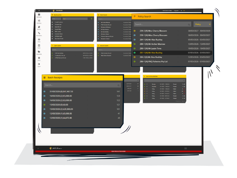 JAVLN Platform dashboard on a laptop showing policy search, batch receipts and summary panels