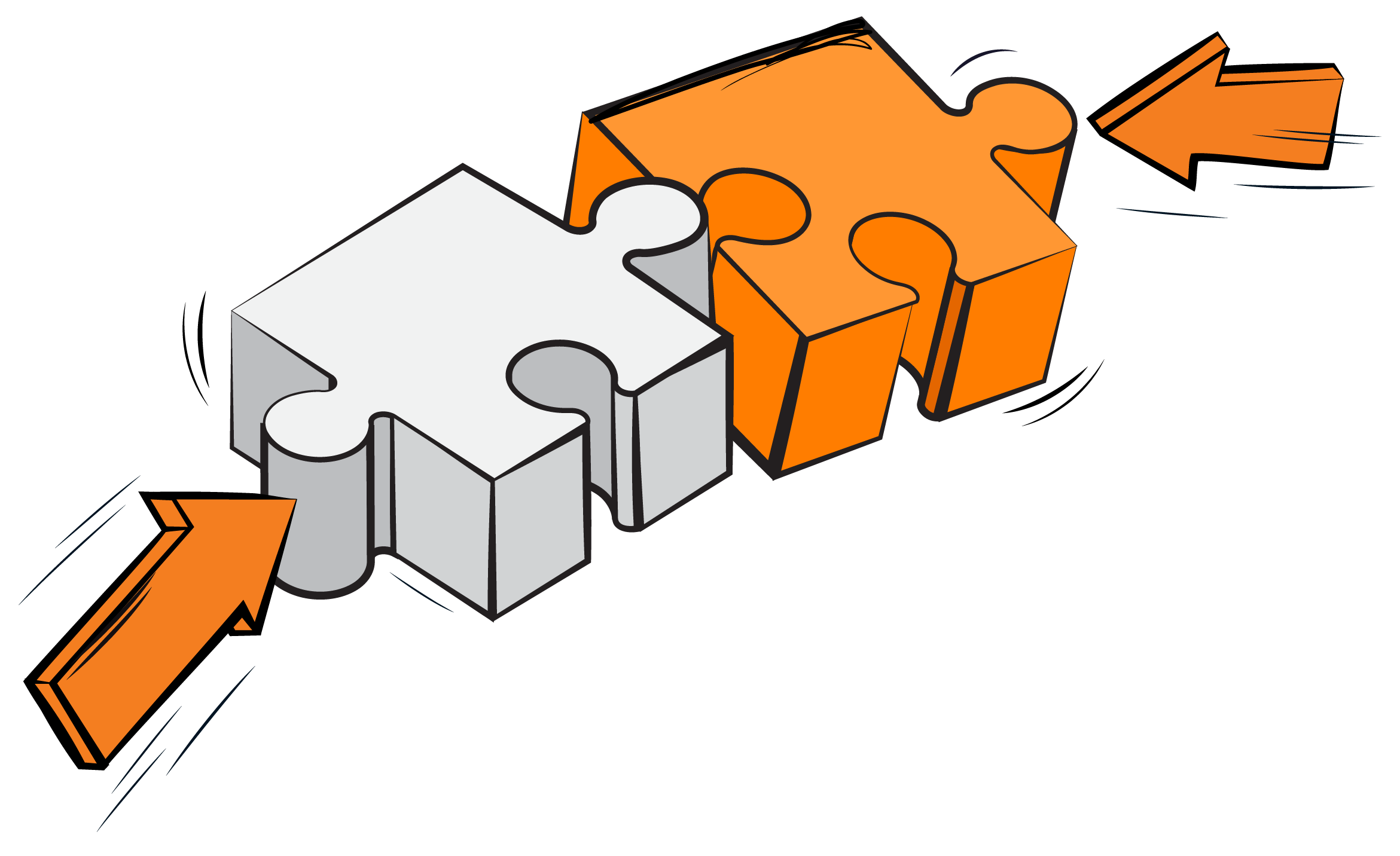 Pop art illustration of a white and an orange jigsaw puzzle piece joining together