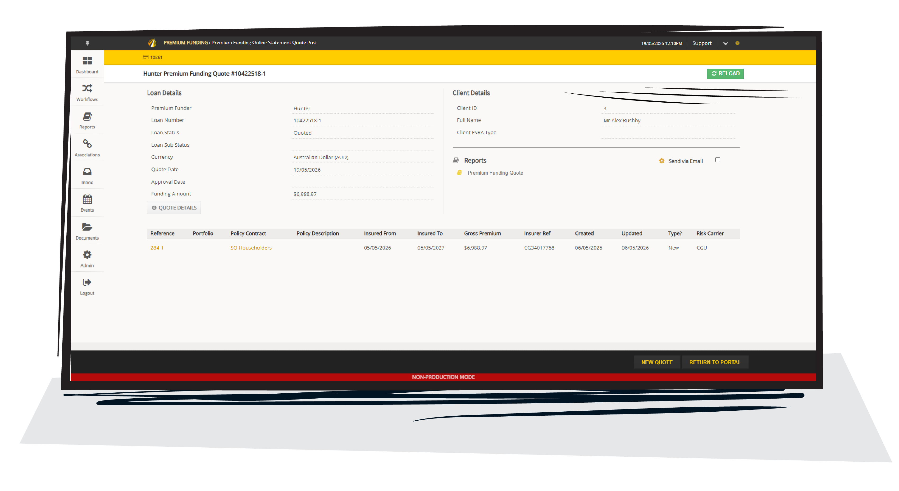 JAVLN Platform premium funding quote screen on a laptop showing loan details and client details