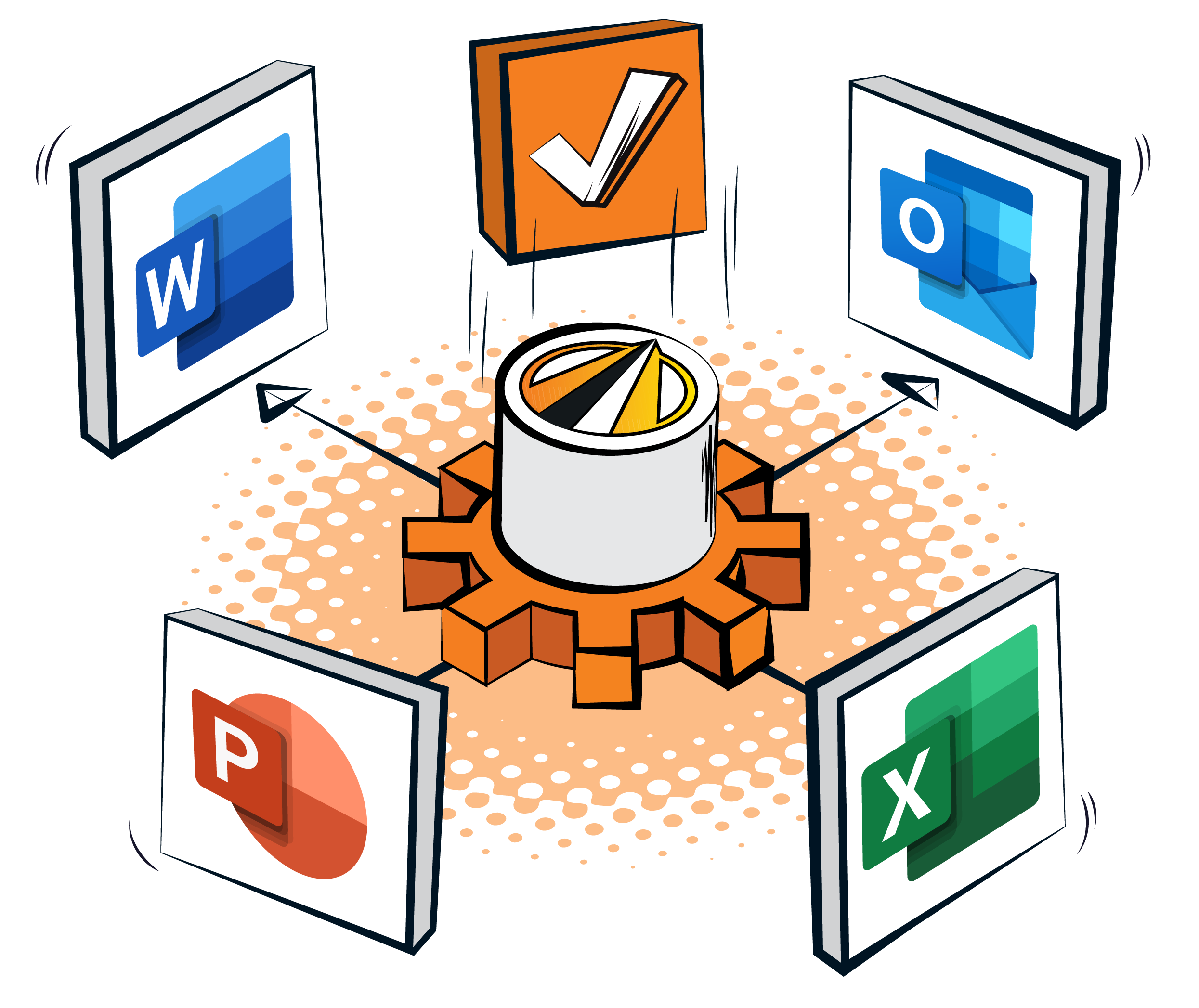 Pop art illustration of an orange cog linked to Microsoft Word, Outlook, PowerPoint and Excel icons