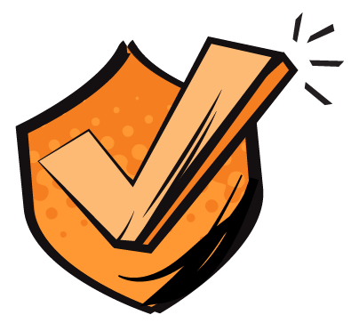 Pop art icon of an orange shield with a tick