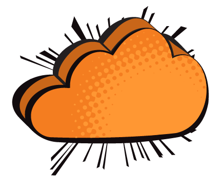 Pop art icon of an orange cloud with a comic burst behind it