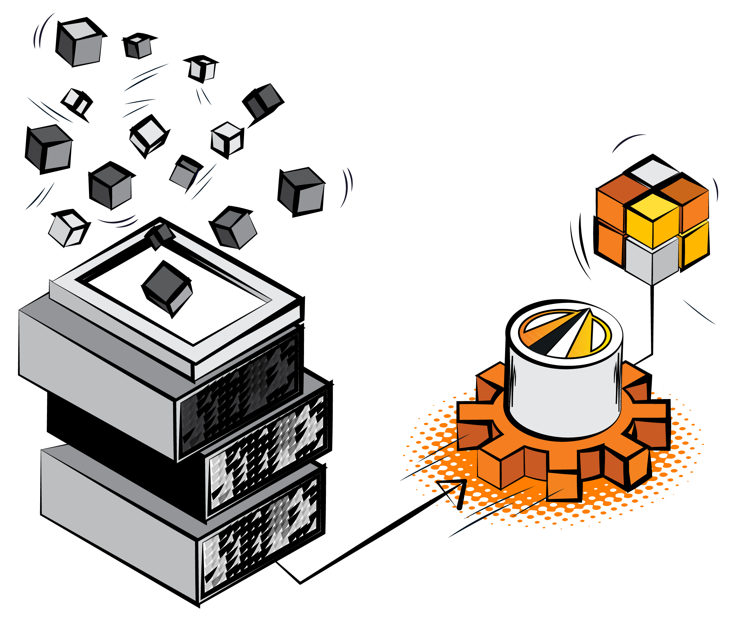 Pop art illustration of data cubes moving from a stacked server into an orange cog and data cylinder