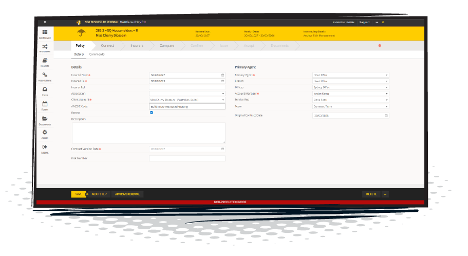JAVLN Platform policy screen on a laptop showing policy details and primary agent fields