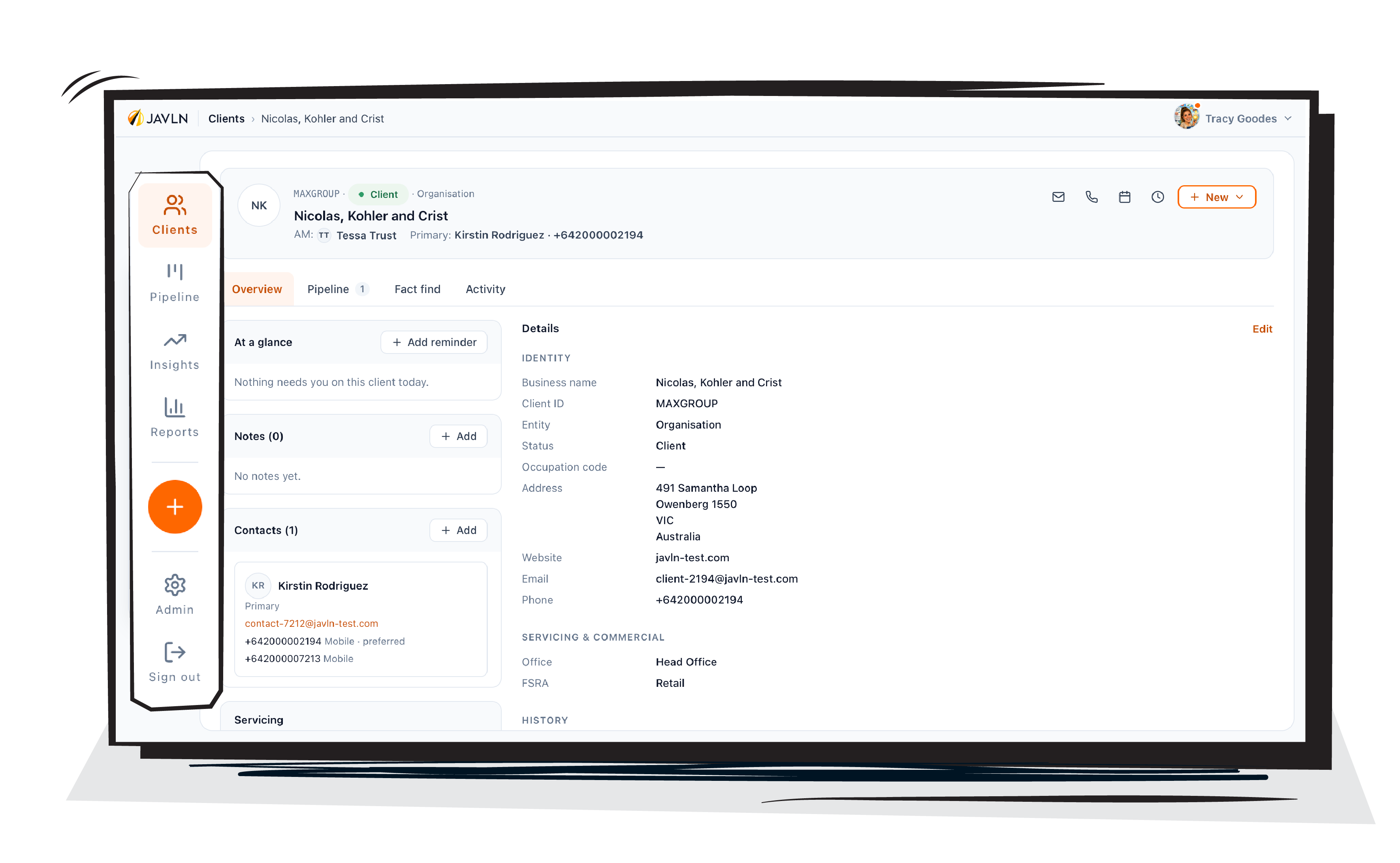 JAVLN Clients client record with a time stamped audit trail of calls, meetings and stage changes