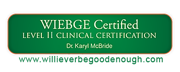 Green badge with WIEBGE Certified Level II Clinical Certification and Dr. Karyl McBride name.