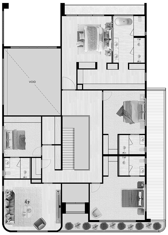 First floor plan for the Nella Solis Signature Range home showing bedrooms, private ensuites, lounge, void and central circulation.