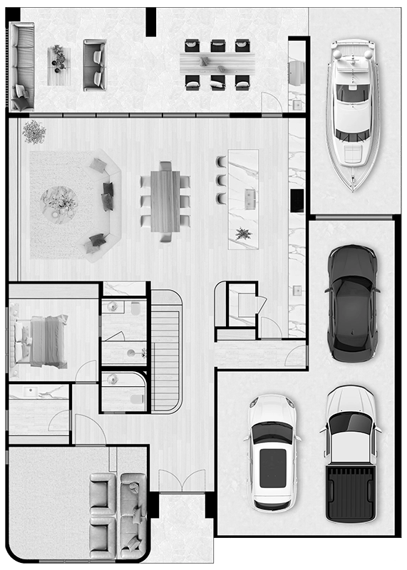 Ground floor plan for the Nella Solis Signature Range home showing open plan living, kitchen, dining, alfresco, bedroom, garage and boat storage.