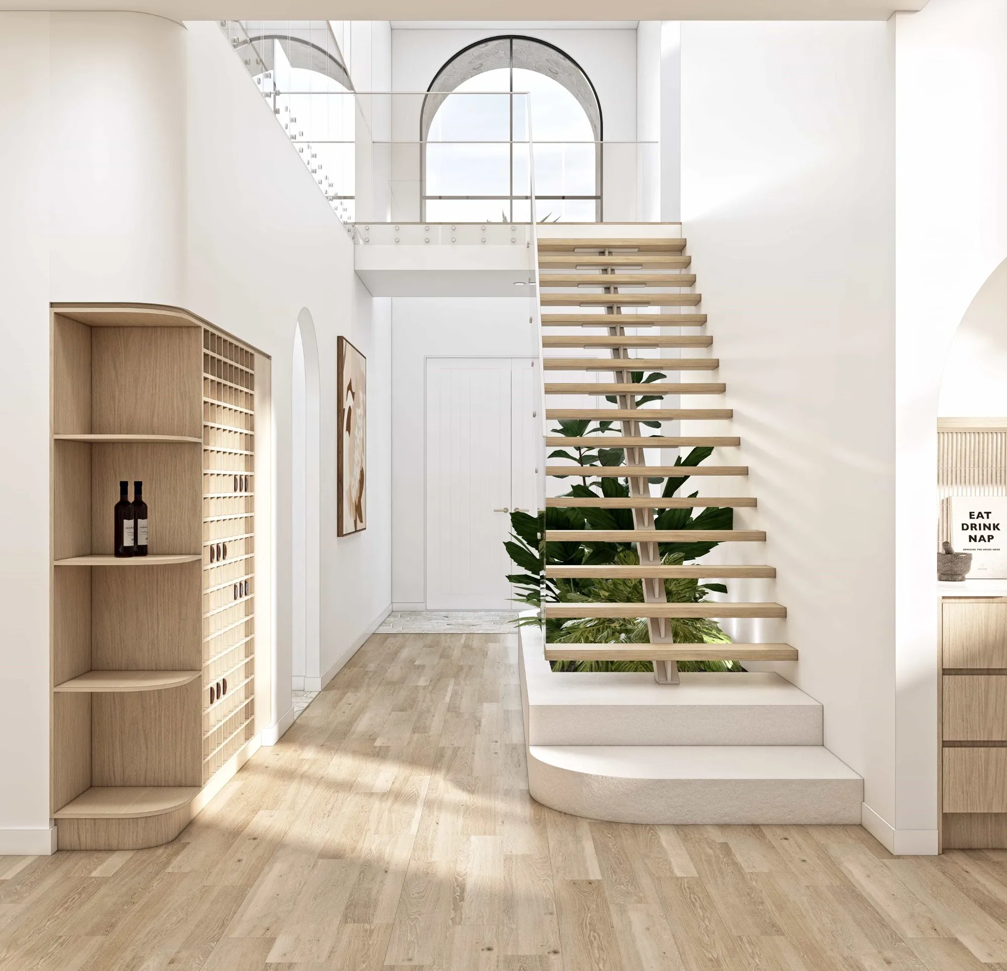 Rendered stair void and timber wine storage inside Solis by Nella