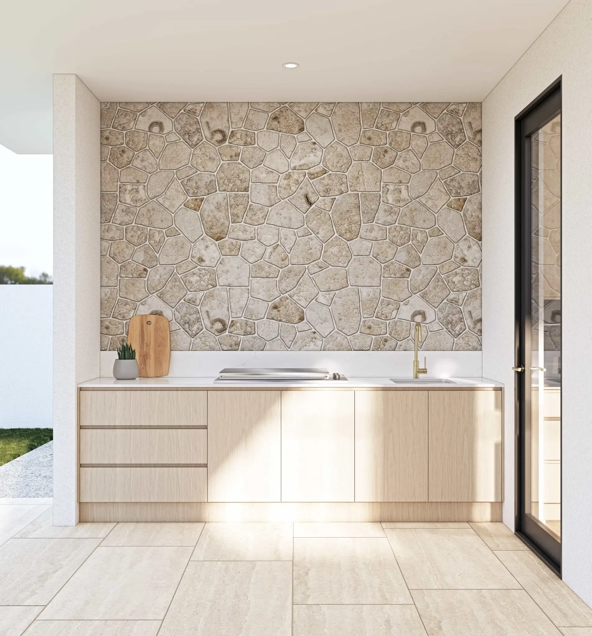 Rendered alfresco kitchen with stone feature wall at Solis by Nella