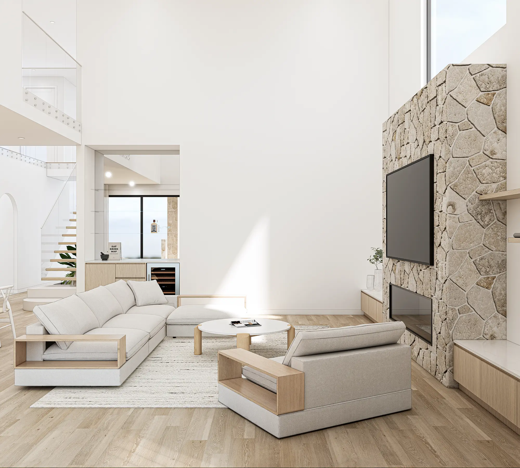 Rendered living room with stone fireplace inside Lucia by Nella in Newport