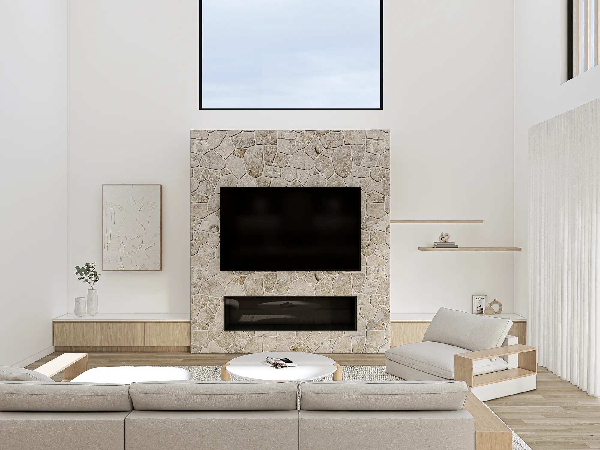 Rendered stone fireplace and built-in joinery inside Lucia by Nella