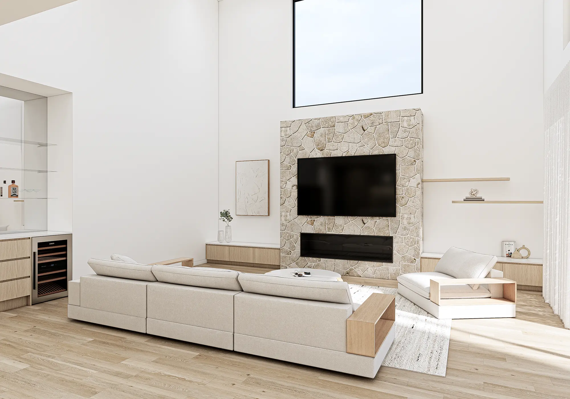 Rendered living room with double-height wall and stone fireplace inside Lucia by Nella