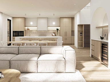 Open plan kitchen, dining and living space in the Claro Signature Range home with soft neutral finishes.
