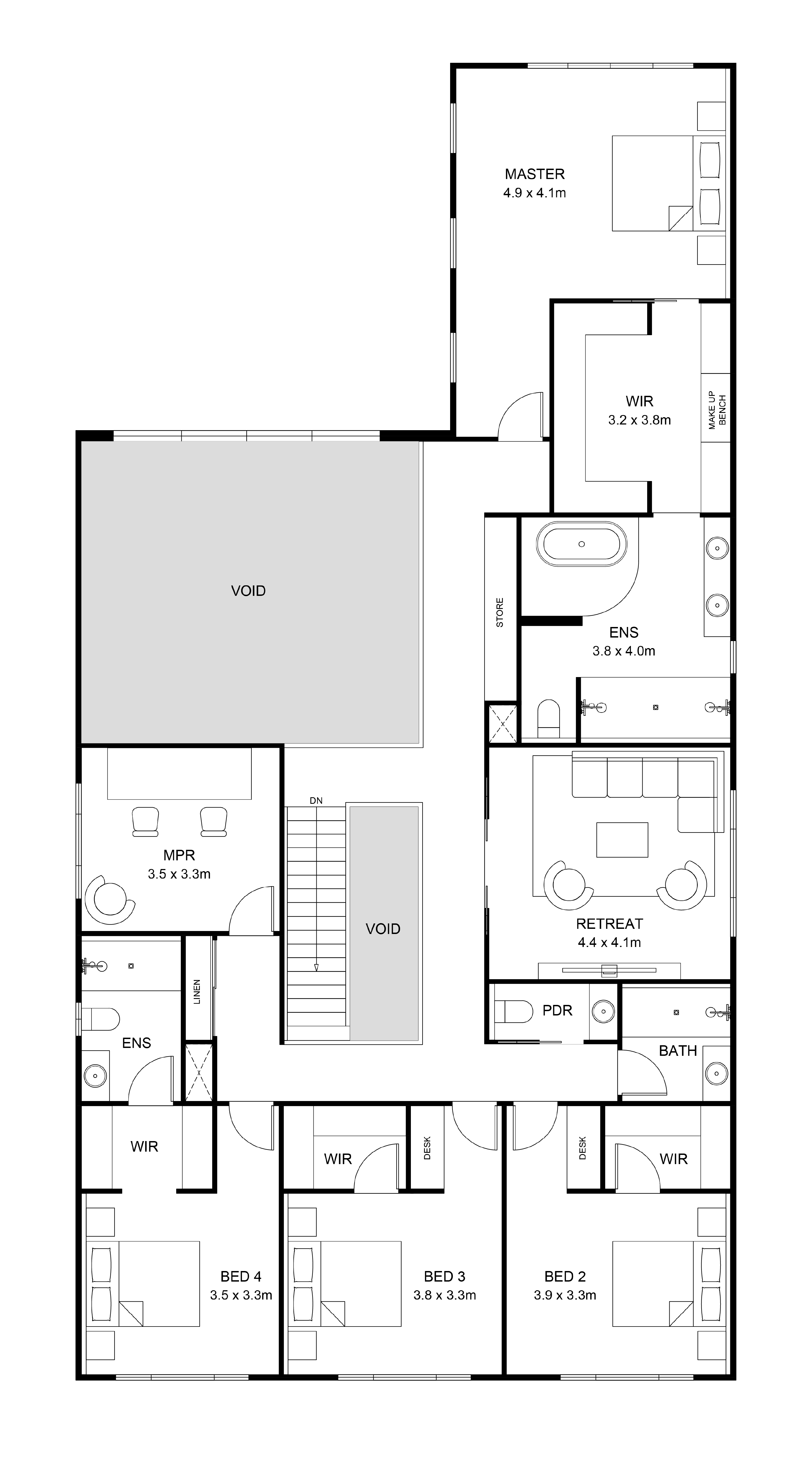 First floor plan for the Nella Claro Signature Range home showing bedrooms, bathrooms, void, lounge and study layout.