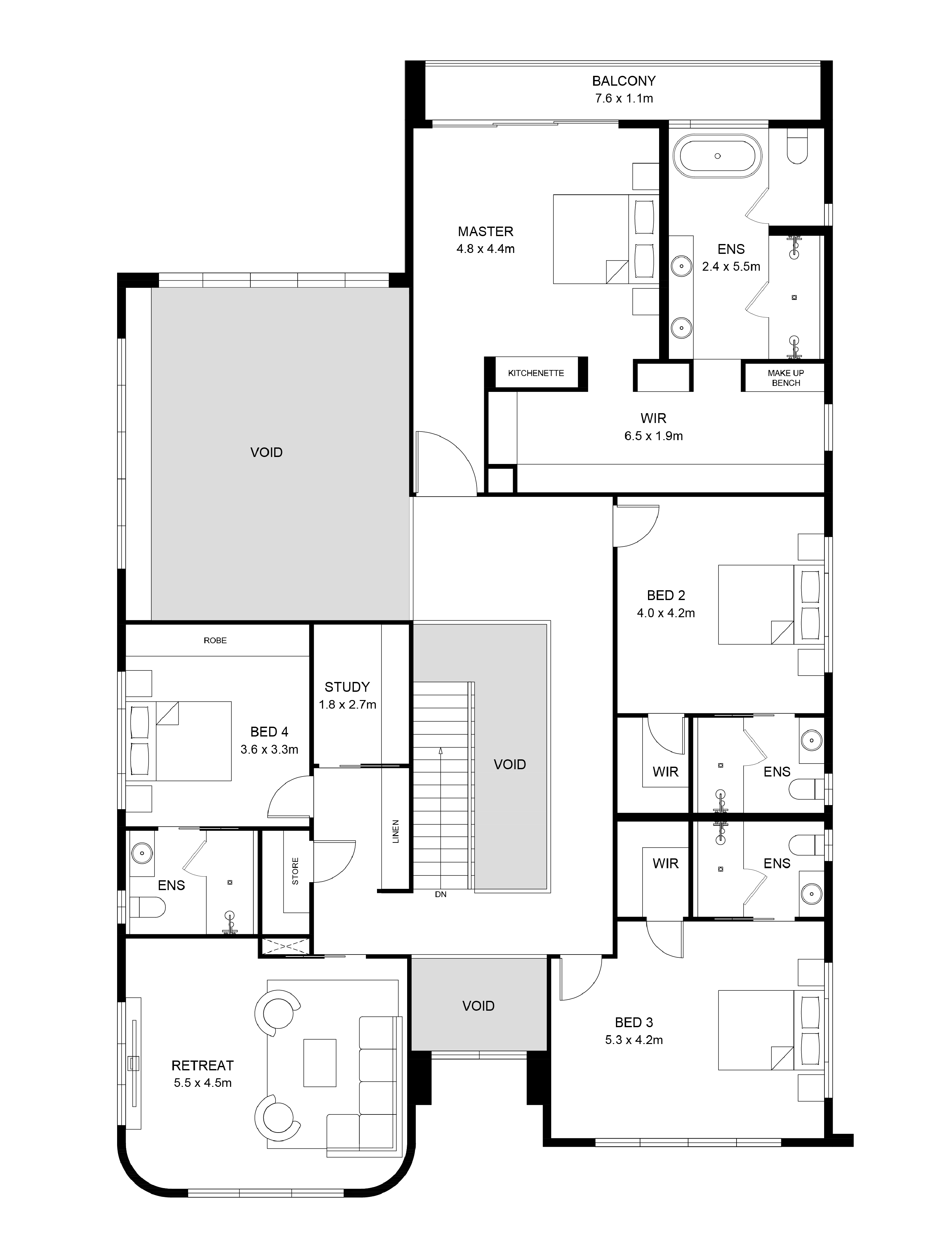 First floor plan for the Nella Solis Signature Range home showing bedrooms, private ensuites, lounge, void and central circulation.