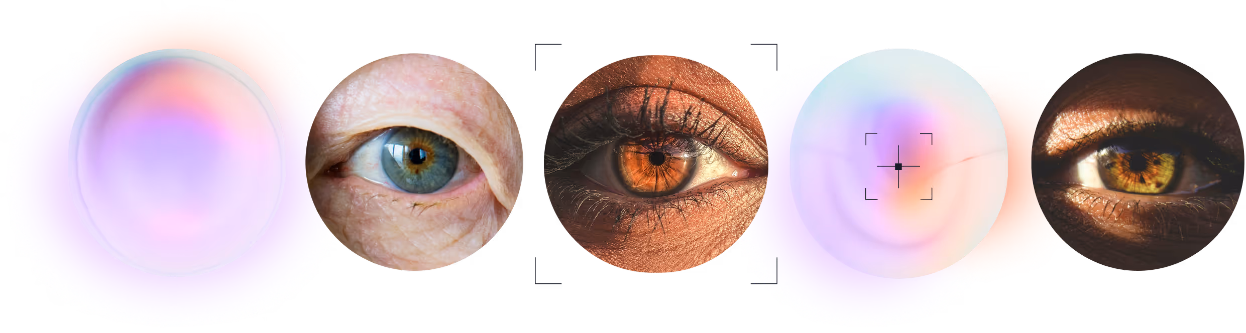 Close-up images of different eyes with varying colors and skin tones, arranged in a horizontal row.