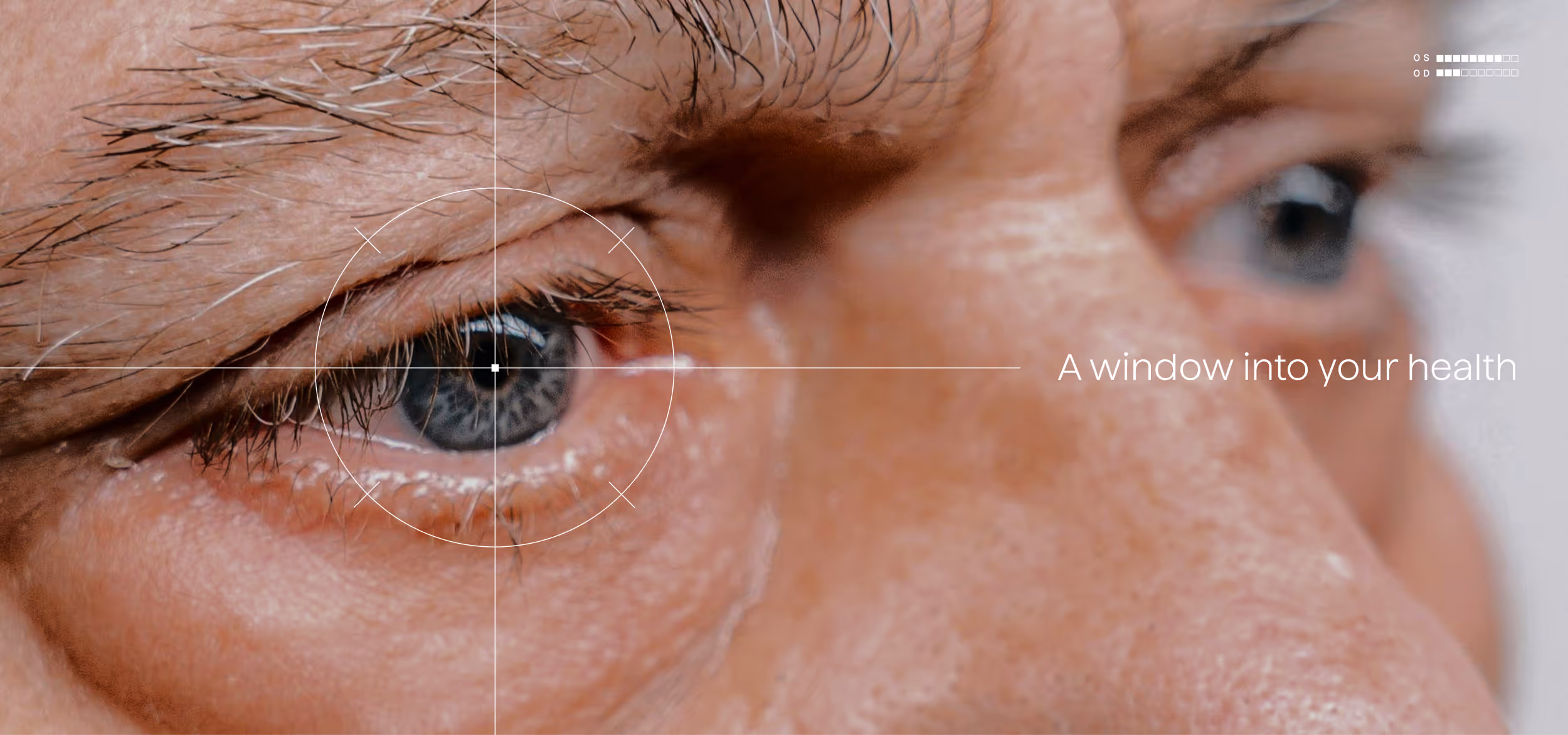Close-up of an older person's eye with focus marks and text reading a window into your health.