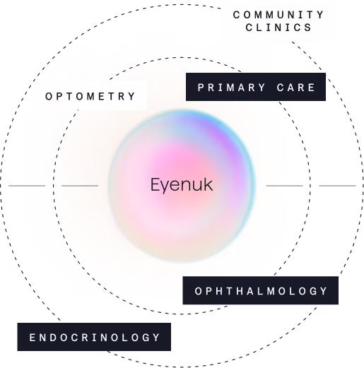 Circular diagram showing Eyenuk in the center with surrounding labels Community Clinics, Optometry, Primary Care, Ophthalmology, and Endocrinology.