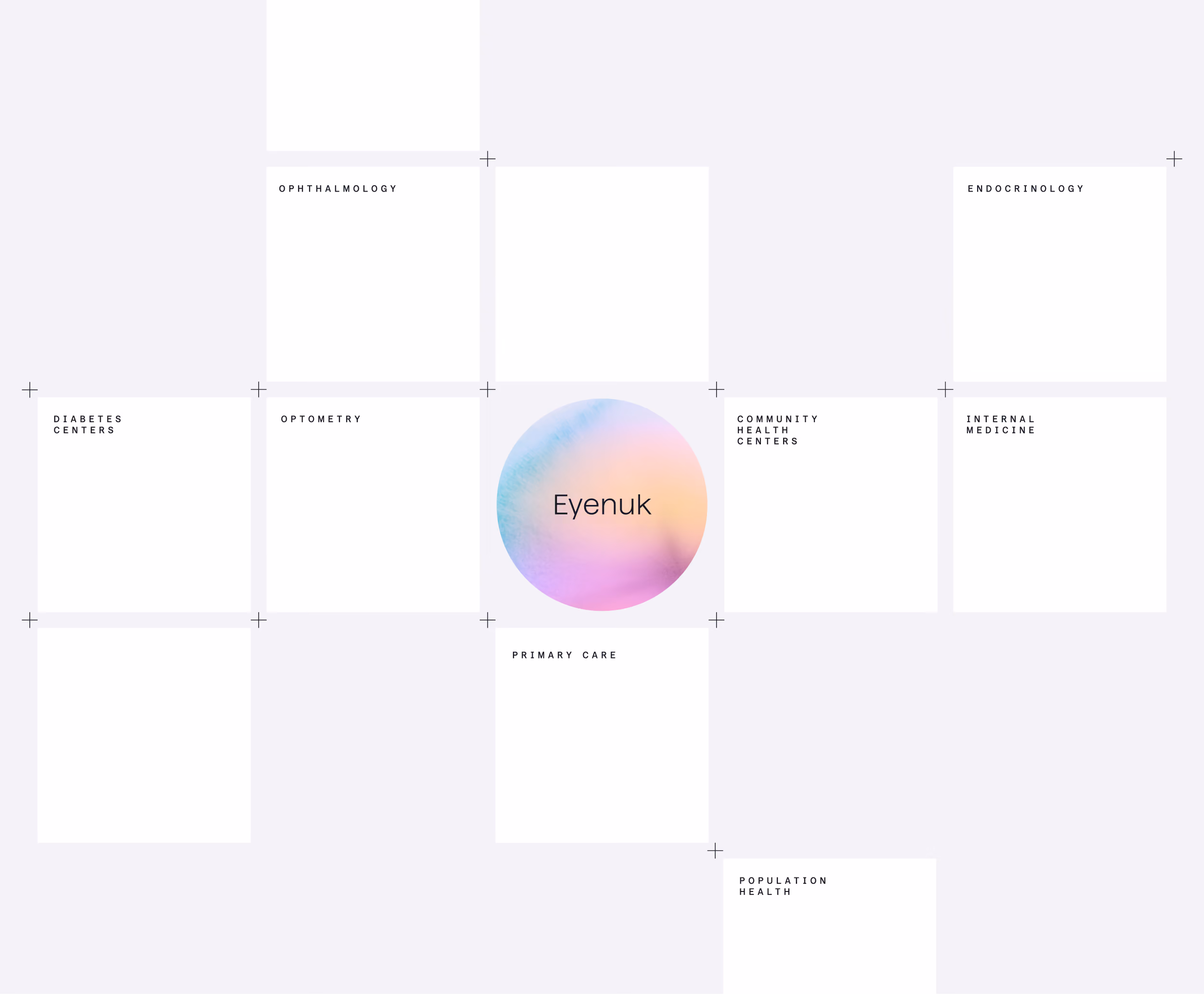 Diagram with Eyenuk logo at center surrounded by healthcare fields like optometry, ophthalmology, and endocrinology.