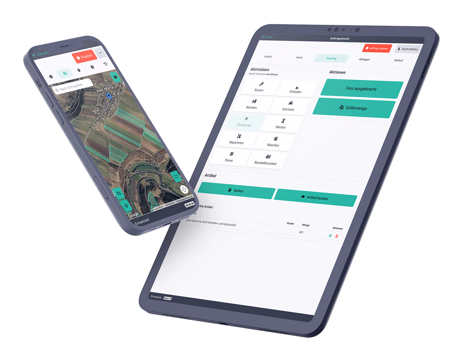 FarmAct App auf Smartphone und Tablet mit der Kartenansicht der Aufträge