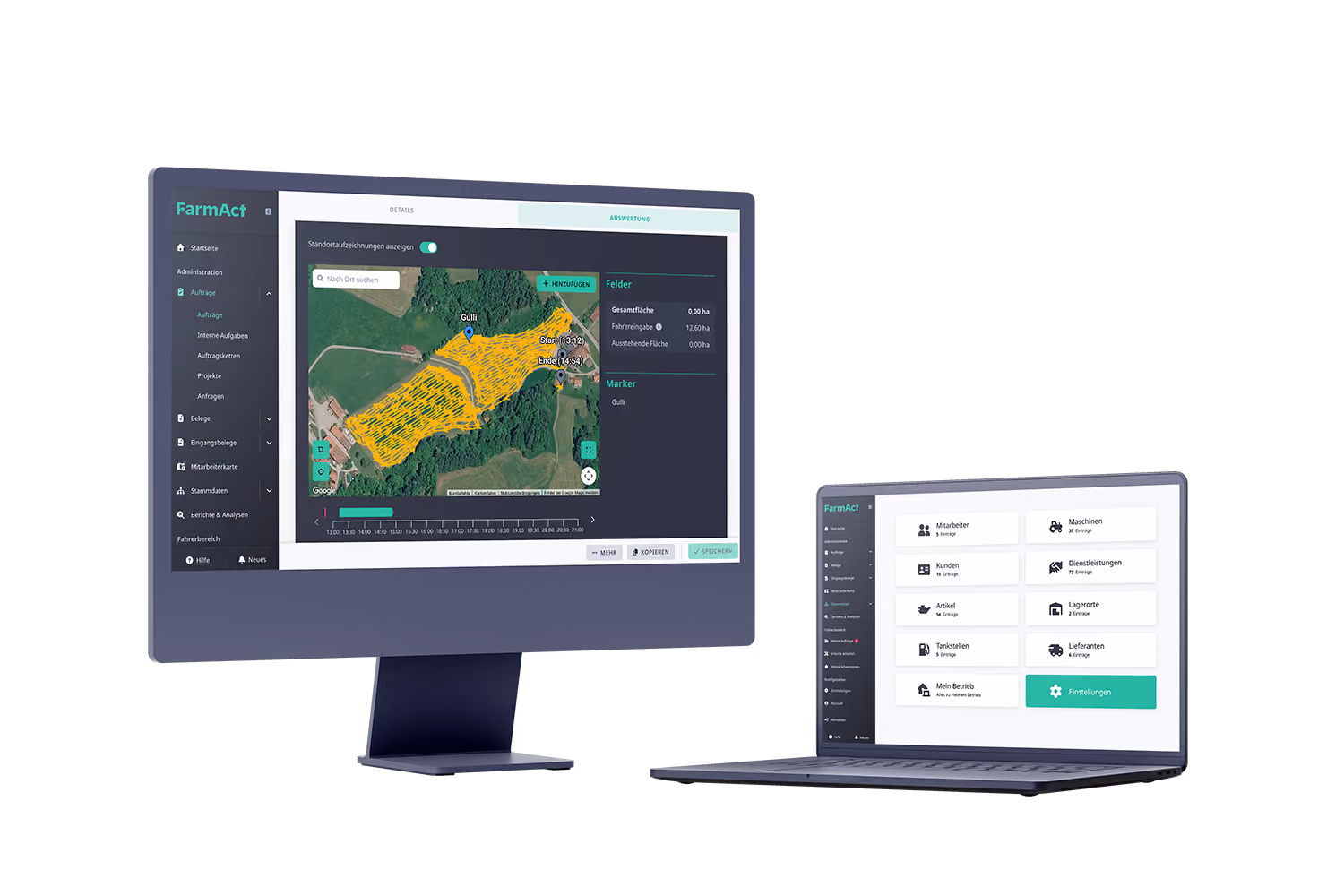 FarmAct auf Desktop und Laptop: Kartenansicht mit Maschinen und Aufträgen